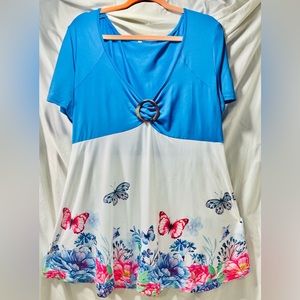 Floral and Butterfly Blue and White Top